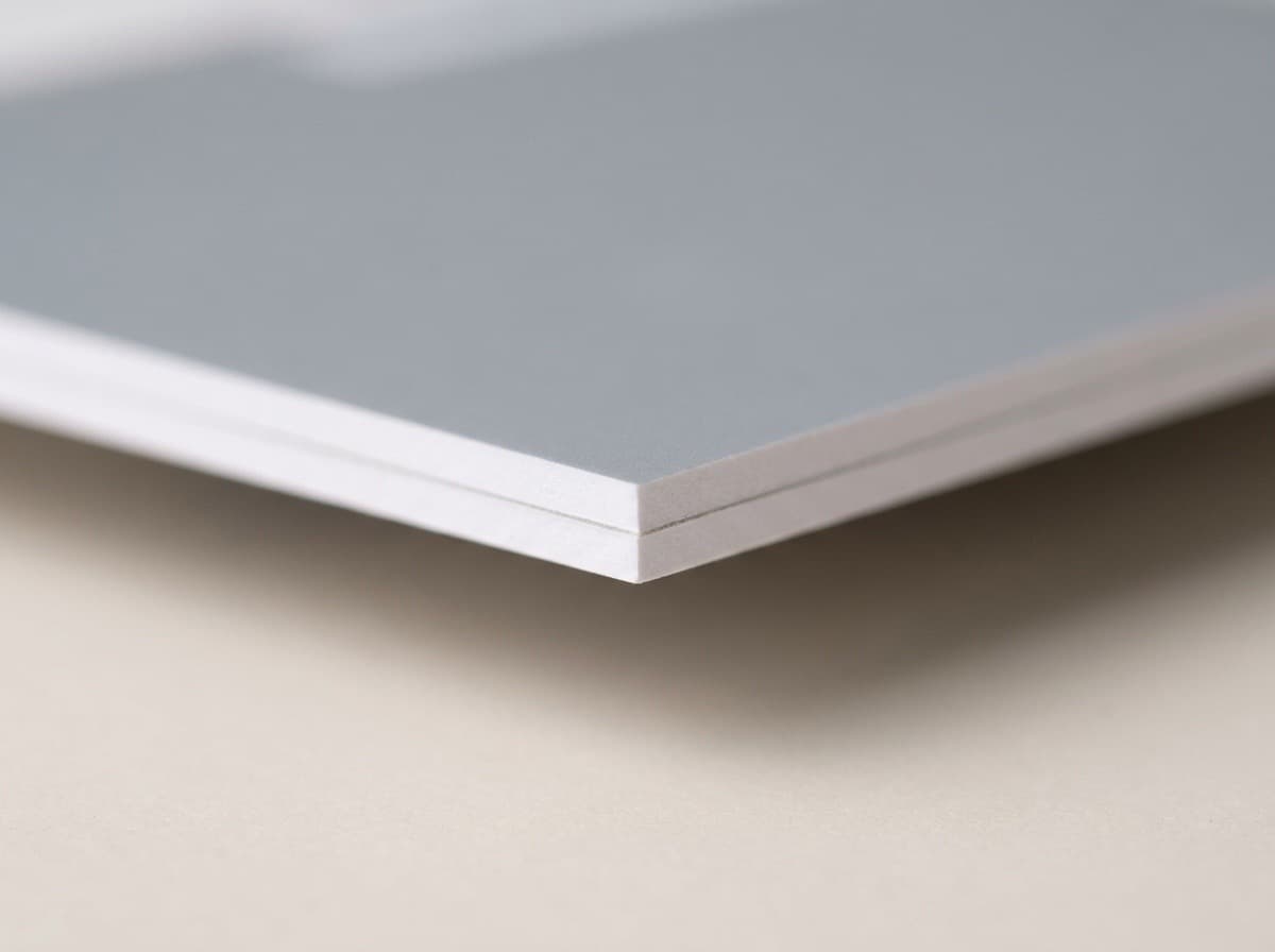 Bonding and mounting finish — cut edge of a rigid card panel showing two paper sheets bonded back to back