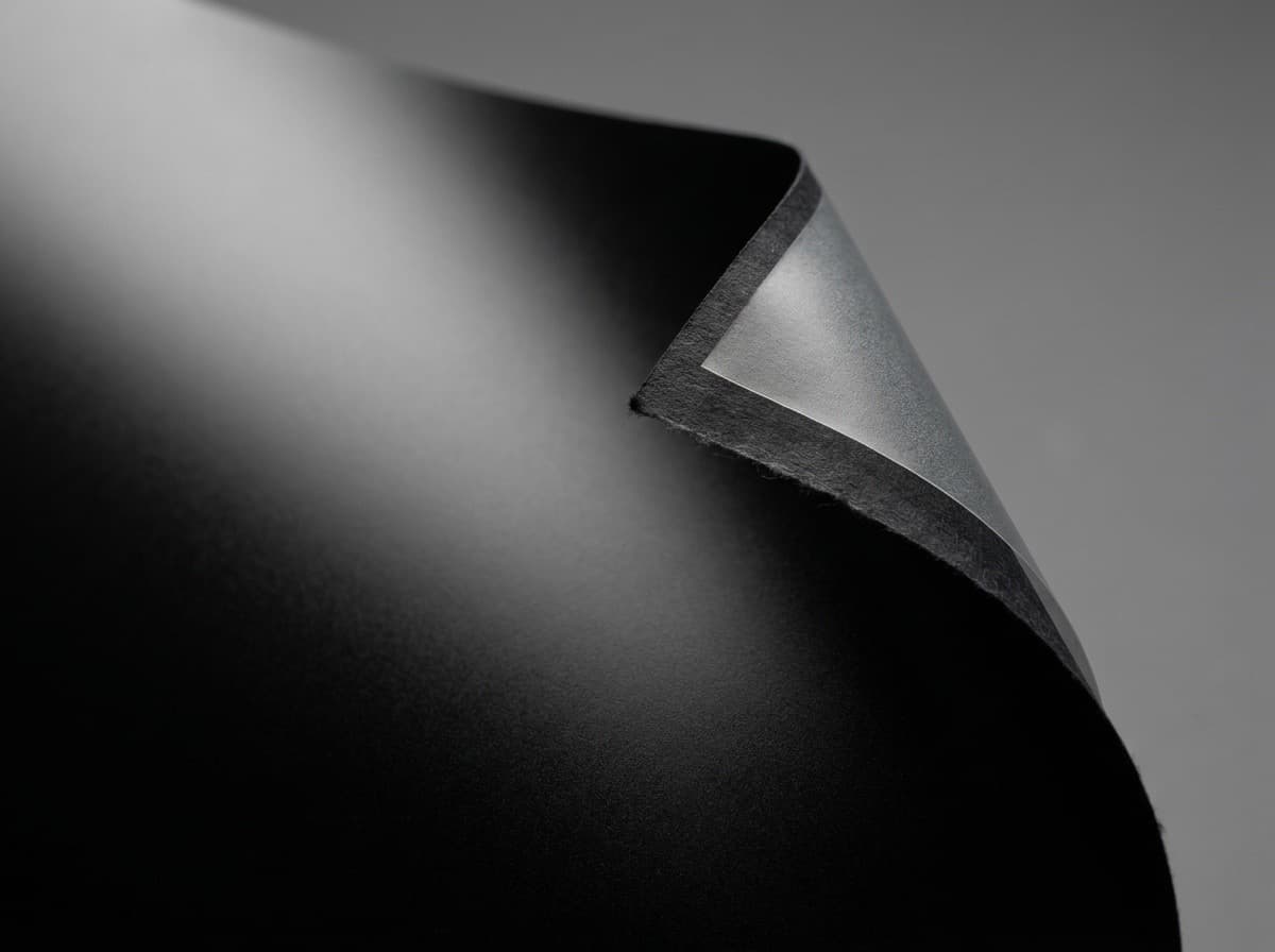 Laminex matte lamination finish — soft-touch low-glare black sheet with the laminate film visible at the curled corner