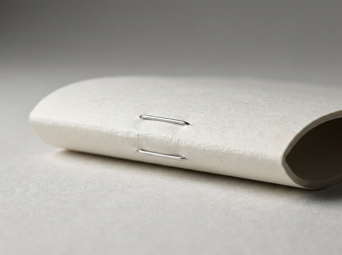 Saddle stitching finish — slim booklet spine bound with two silver wire staples through the fold